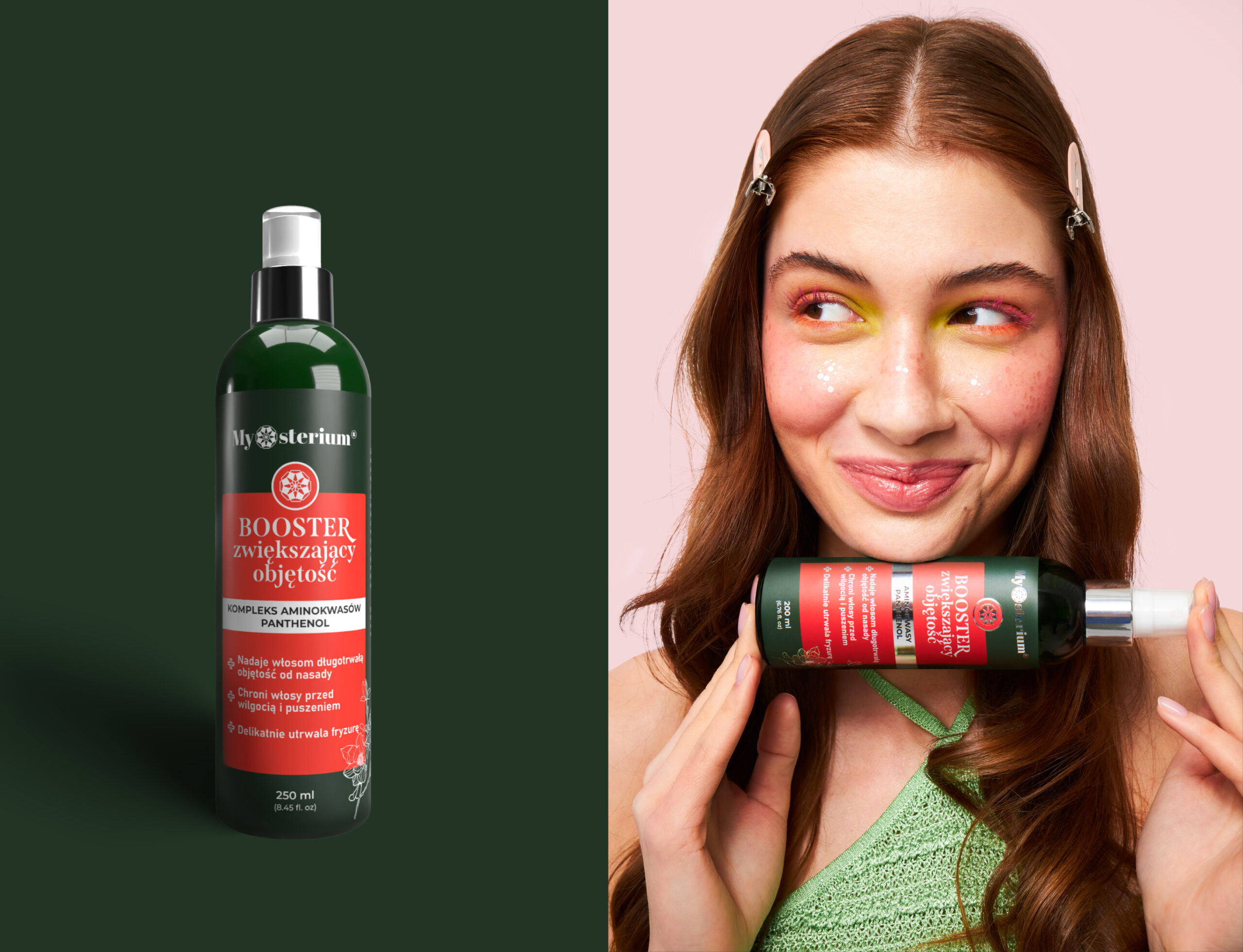 Butelka sprayu zwiększającego objętość włosów oraz uśmiechnięta kobieta trzymająca produkt.